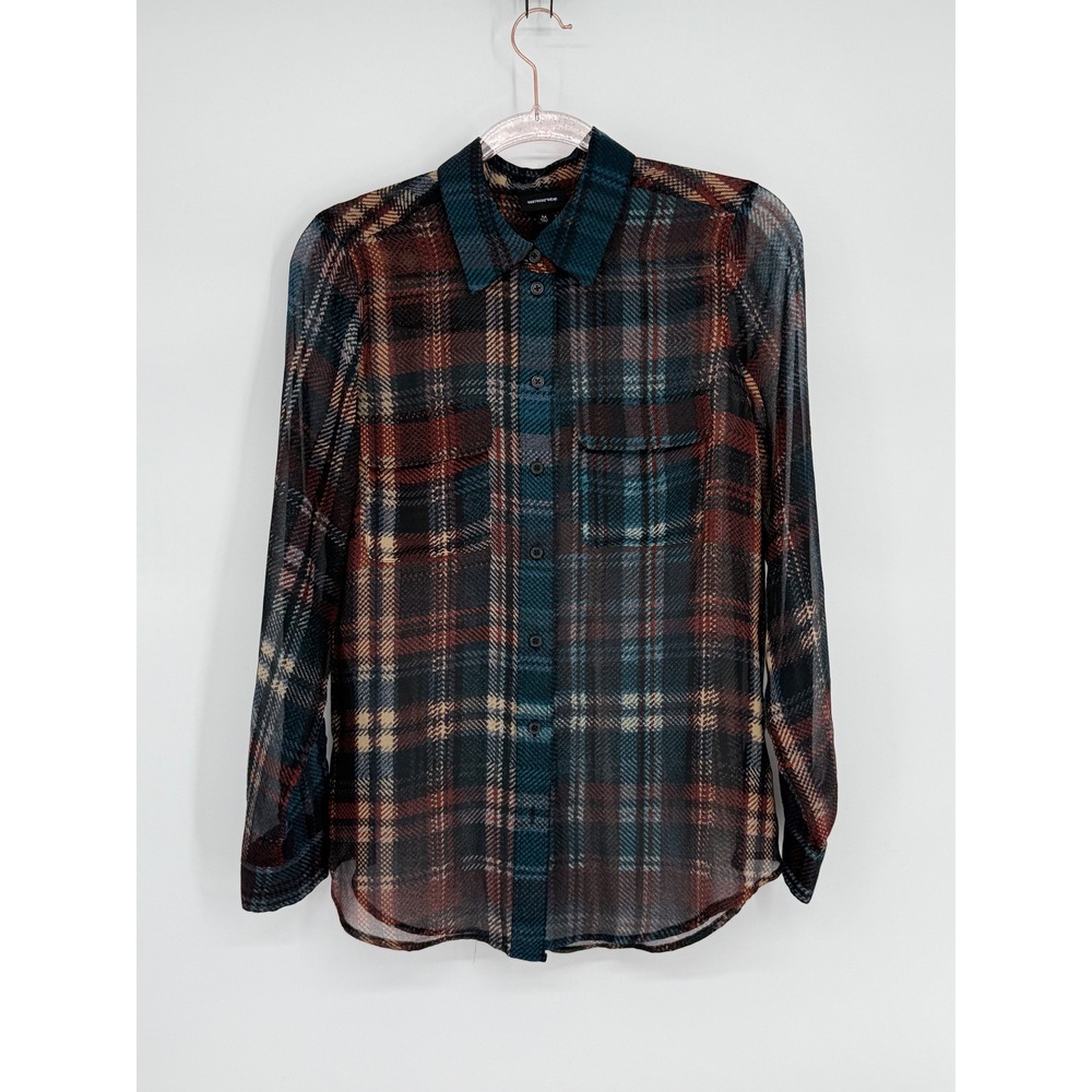 Who What Wear Plaid Sheer Button Down‎ Shirt Teal Burgundy Long Sleeve Wmns Sz M